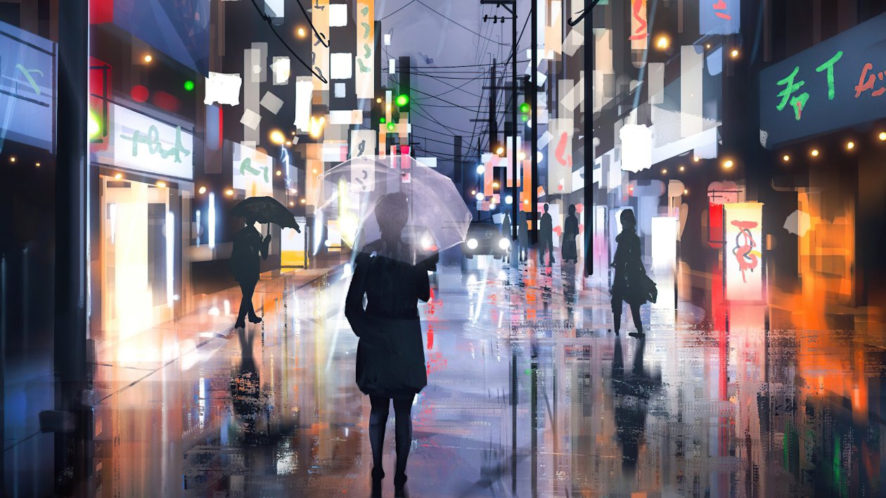 Street Raining Umbrella Girl 4k