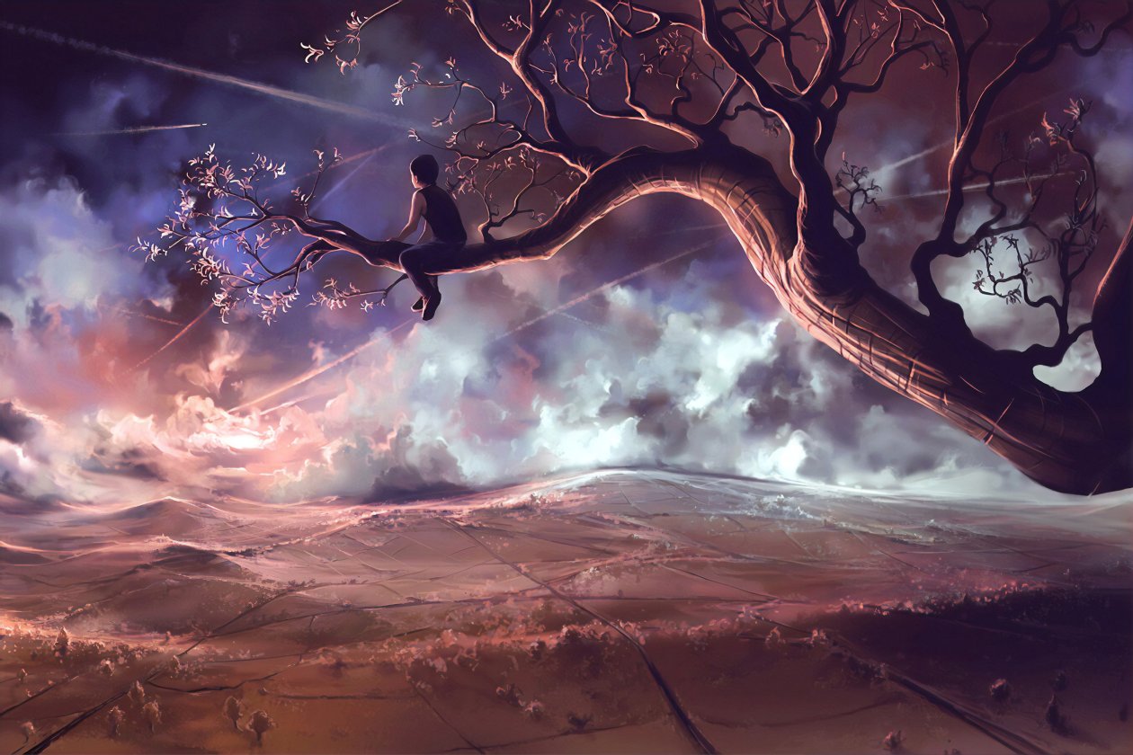Boy Sitting On Tree Branch Dreamy 4k