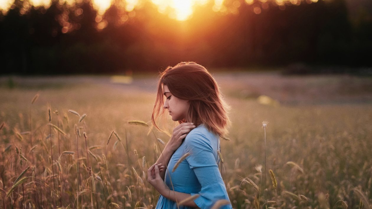 Girl Standing In Corn Field Sunset Evening 4k