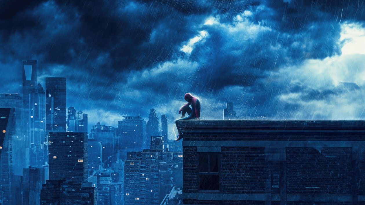 Spiderman Sitting On City Rooftop In Rain