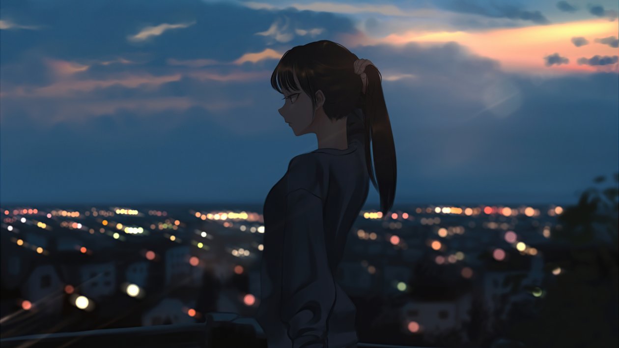Anime Girls Cityscape Brunette Tying Pony Tail 5k