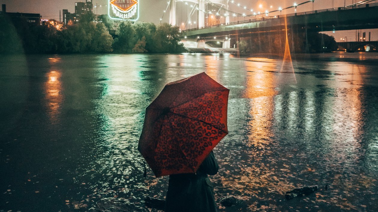 Girl With Umbrella Watching The Glowing Lights Of City