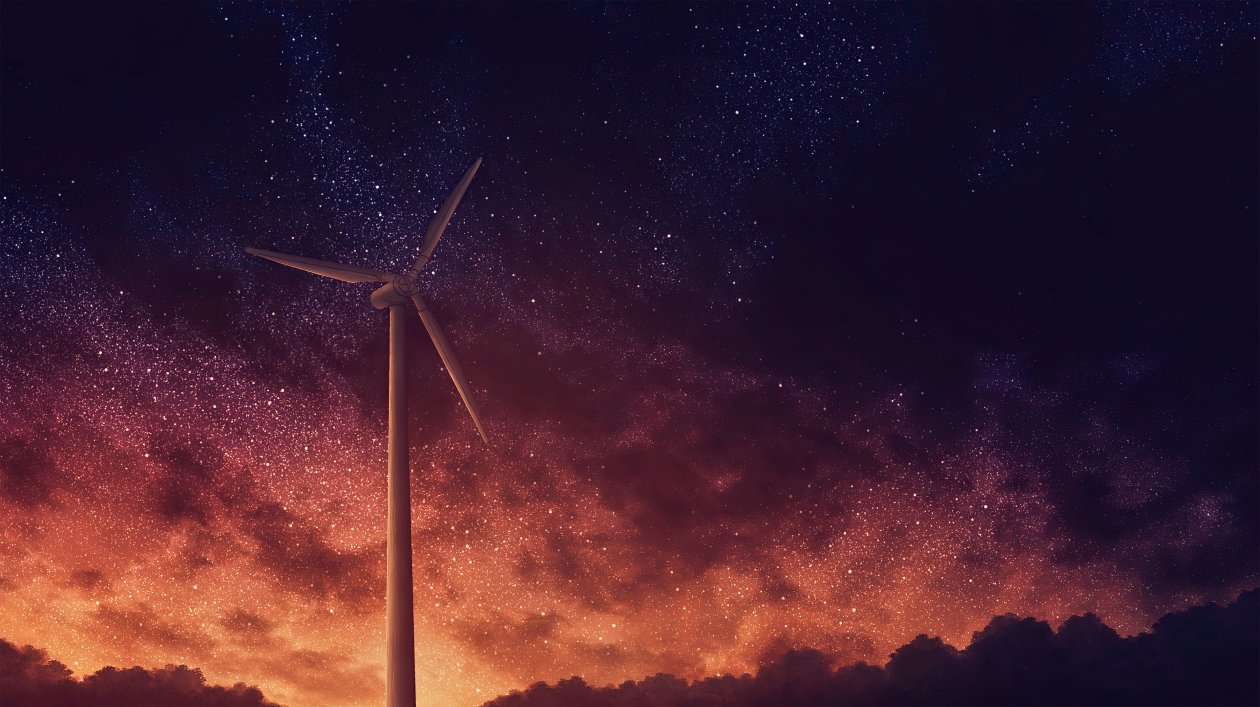 Wind Turbine Stars Night Art 4k