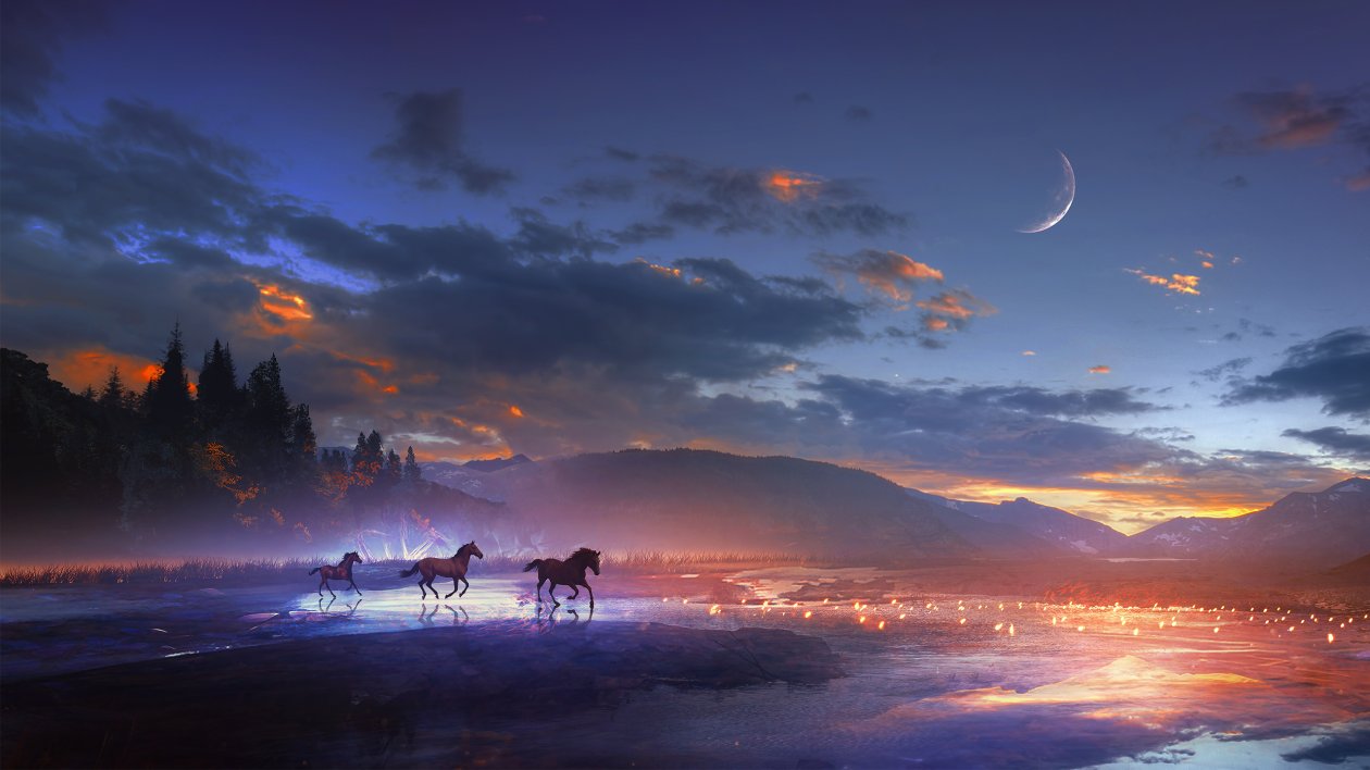 Horses Running Dreamy Scenery