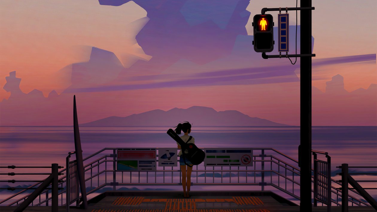 Anime Girl With Guitar Watching The Sunset 4k