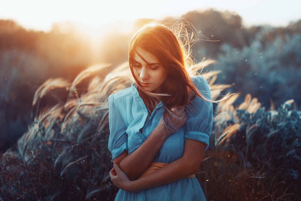 Blue Dress Girl Red Hairs 4k