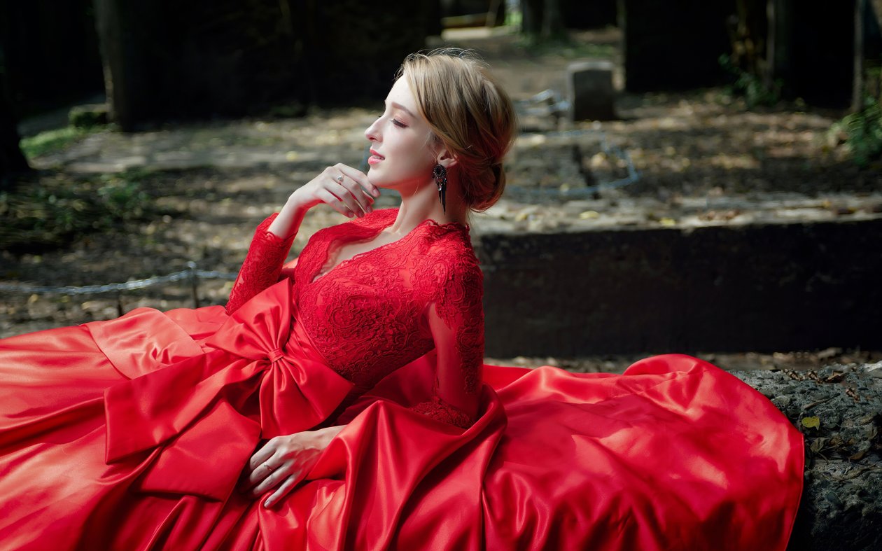 Red Dress Model Lying Closed Eyes 4k