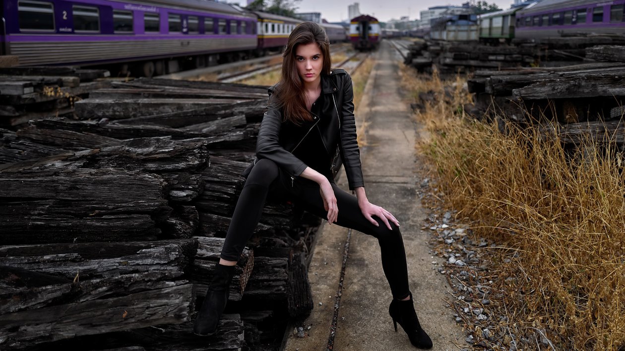 Leather Jacket Black Clothing Brunette