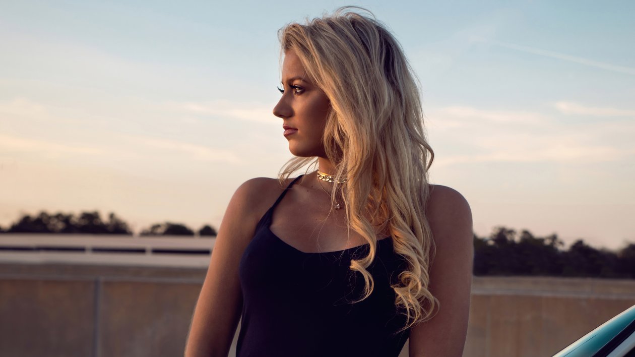 Blonde Girl Black Dress With Porsche