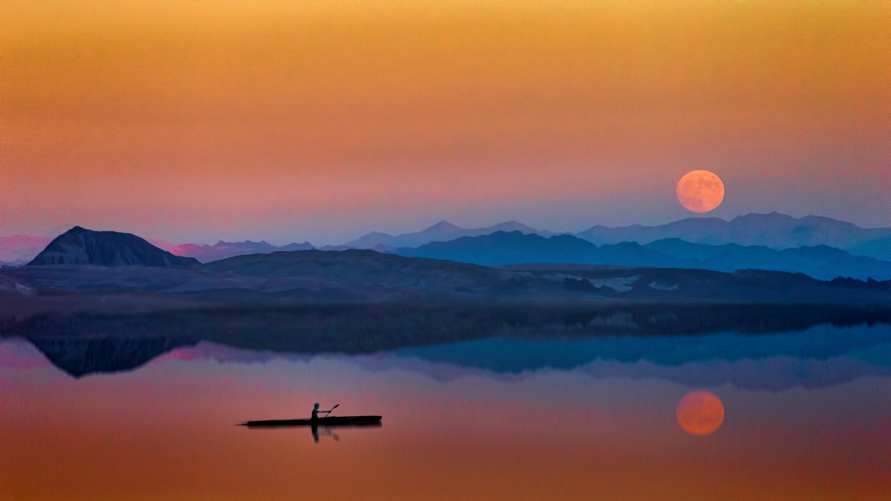 Lake Boat Man Sunset