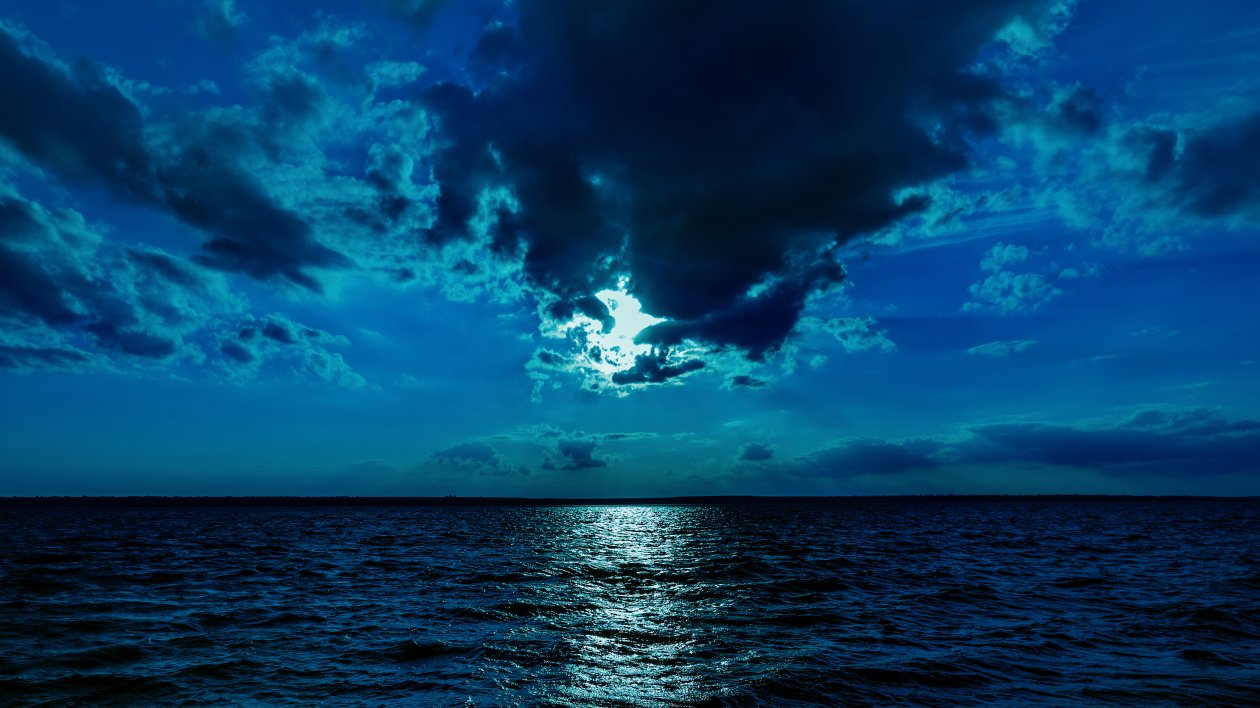 Night Moon Sea Sky Blue 4k