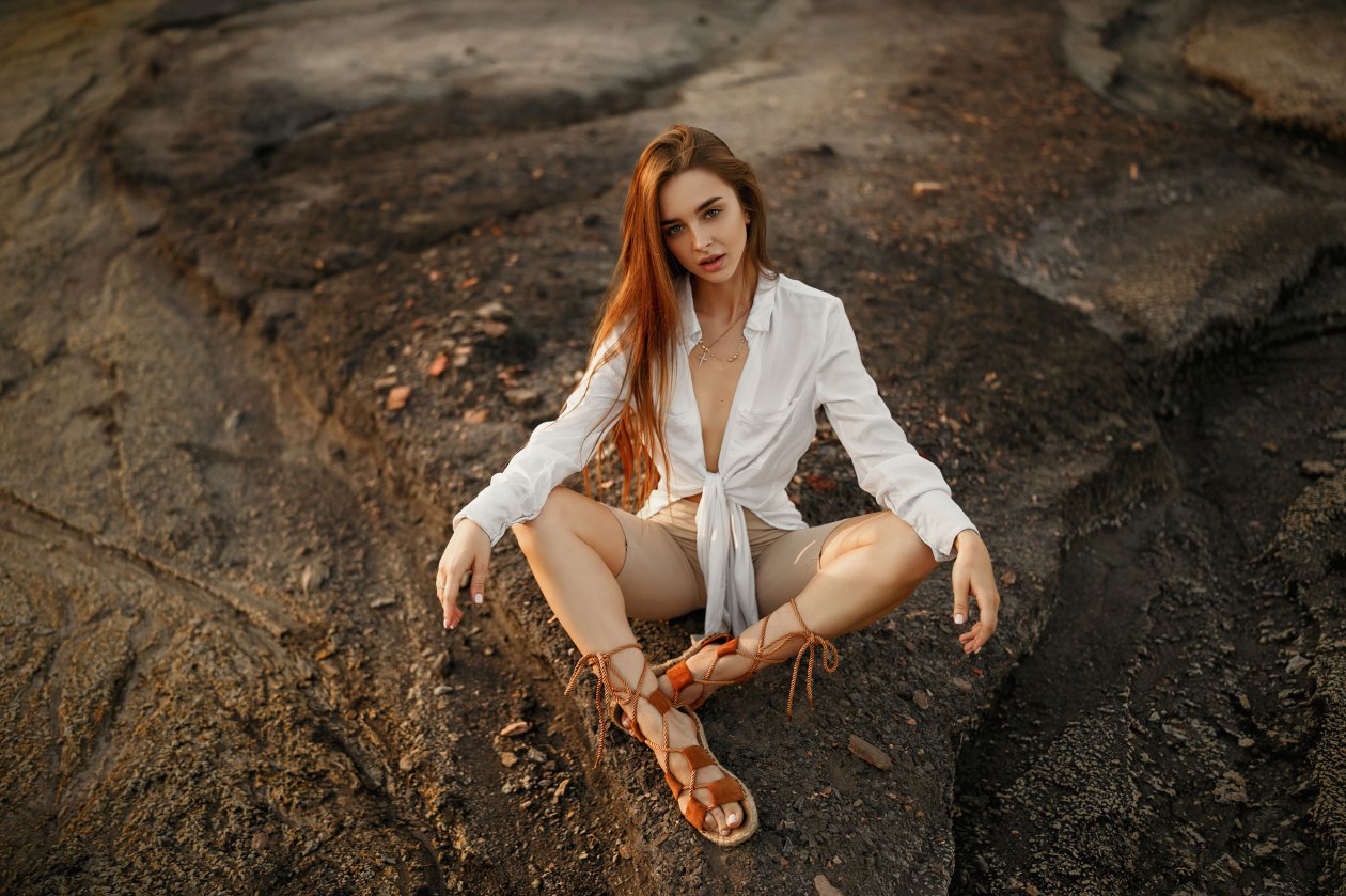 Long Hair Women Redhead Sitting On Stones 4k