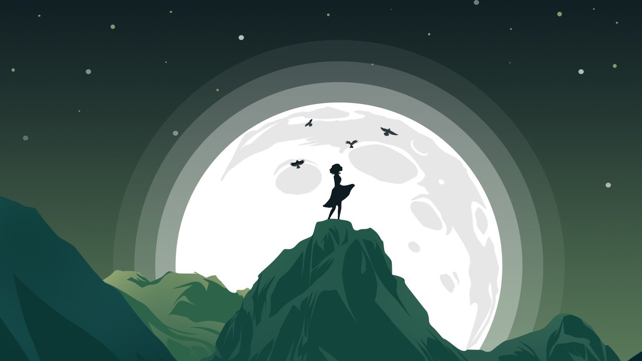 Girl Mountain Top Birds Flying Around Her Minimalist