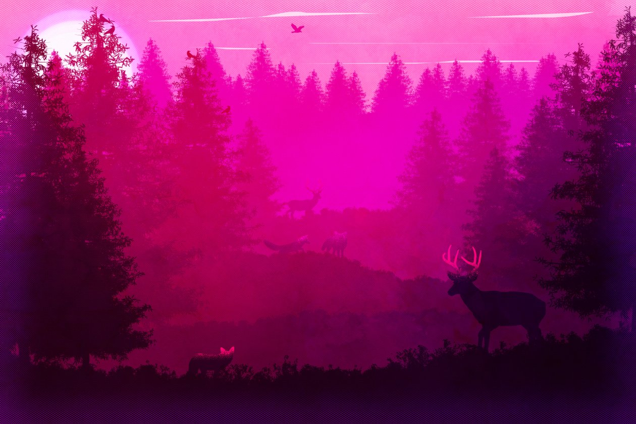 Wild Animals Forest Pink Minimalism 5k
