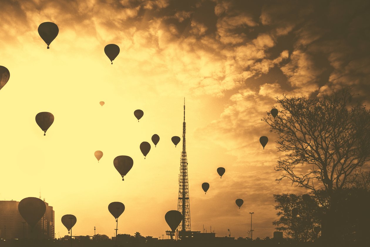 Hot Air Balloons Tower Orange Contrast Clouds 5k