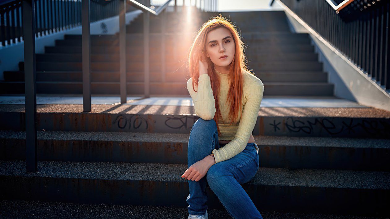 Girl Casual Sitting Stairs Sunbeams 4k