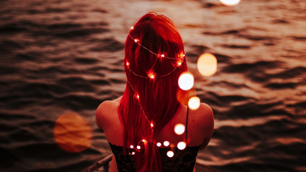 Redhead Women City Lights Horizon Sitting On Pier
