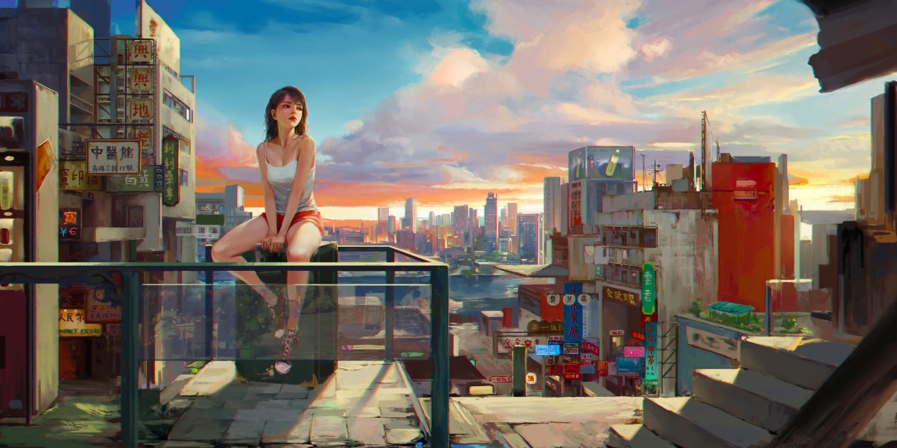 Asian Girl Sitting On Roffside 12k