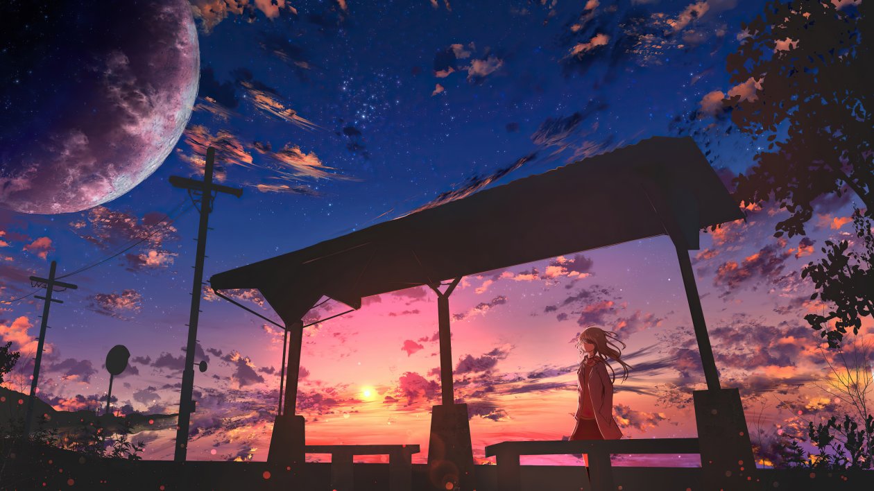 Anime Girl Bus Stop Power Lines 5k