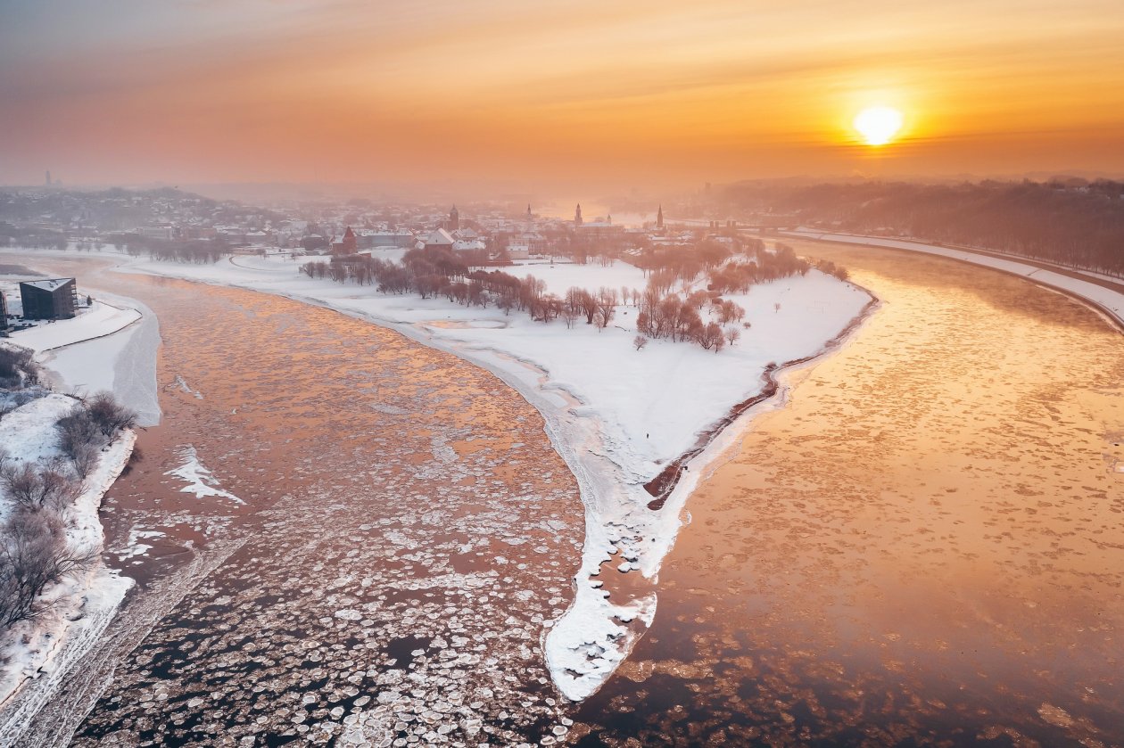 Kaunas River City Winter Snow Sunlight