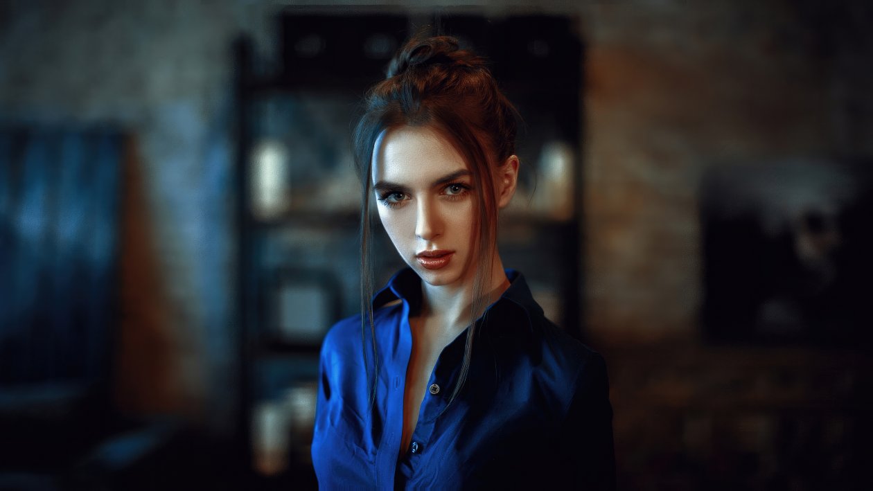 Blue Shirt Girl Brunette 4k