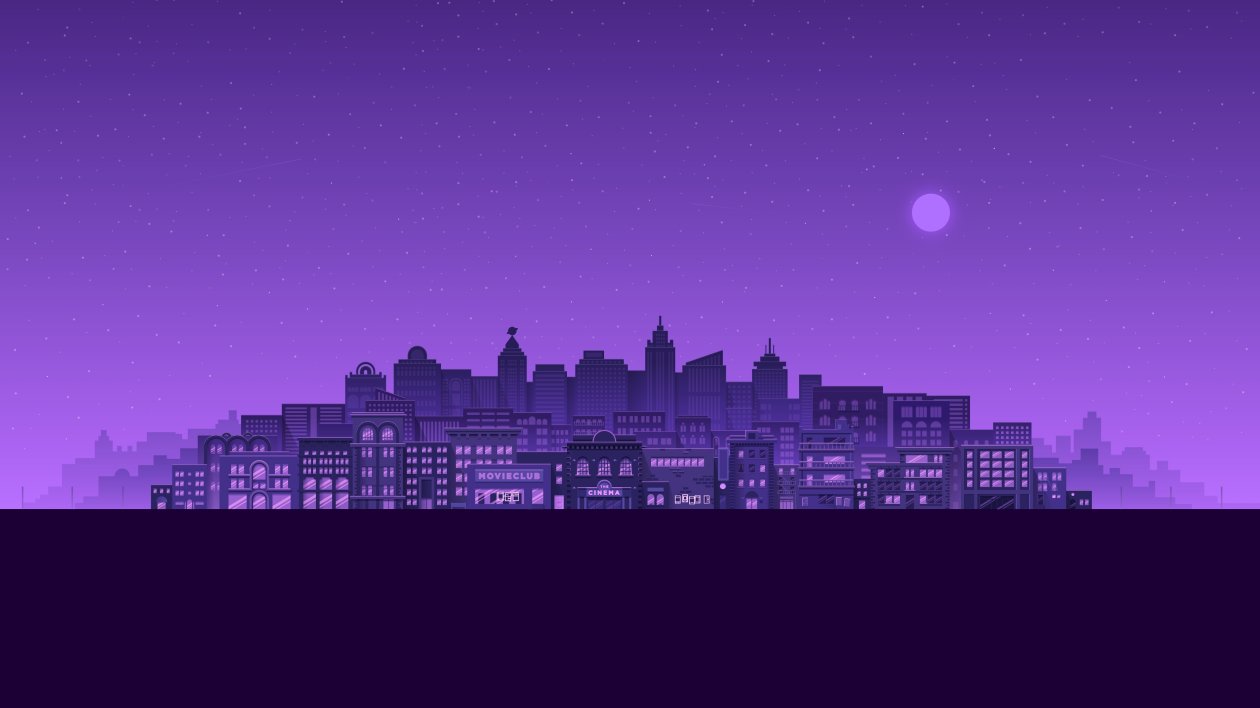 Purple Moon Stars Buildings City Minimal 4k
