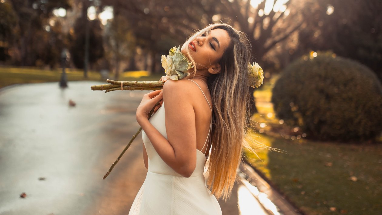 Girl White Dress With Flowers Closed Eyes 4k