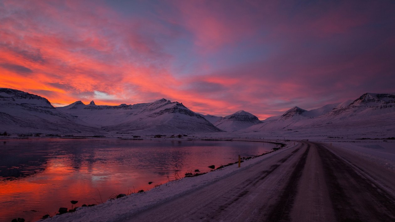 Sunset Beach Snow Mountains