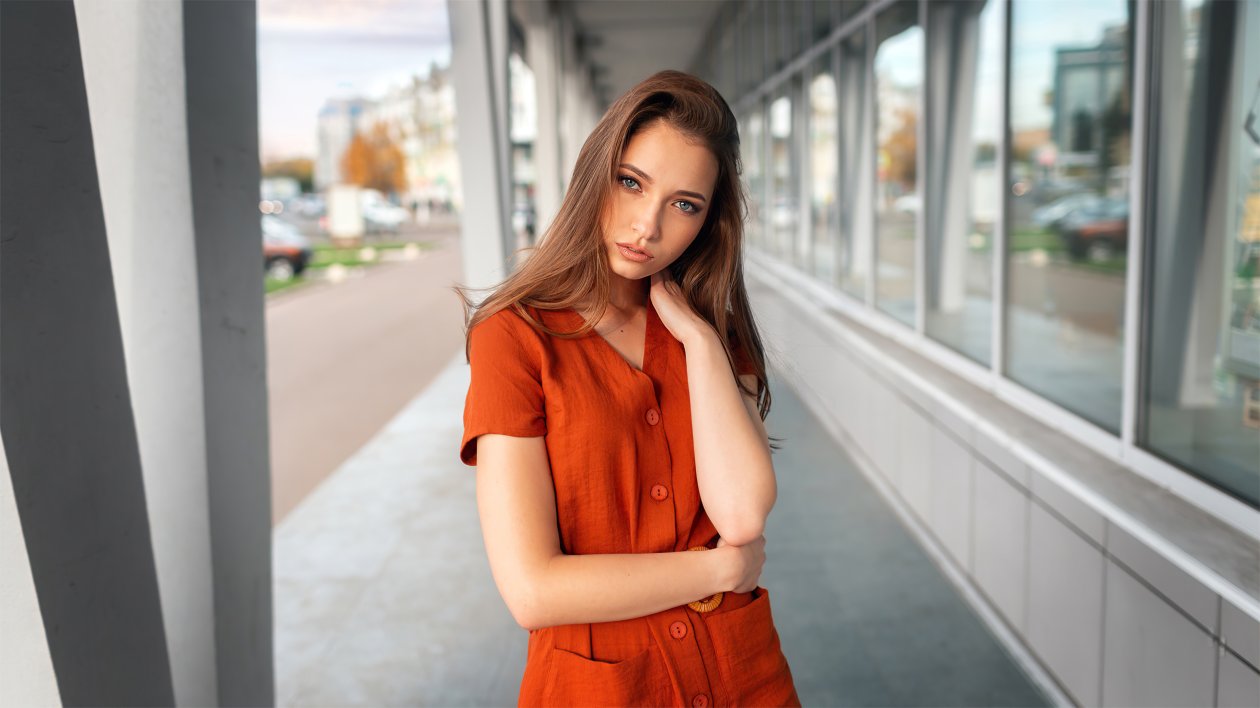 Girl Orange Dress Blonde Hairs 4k