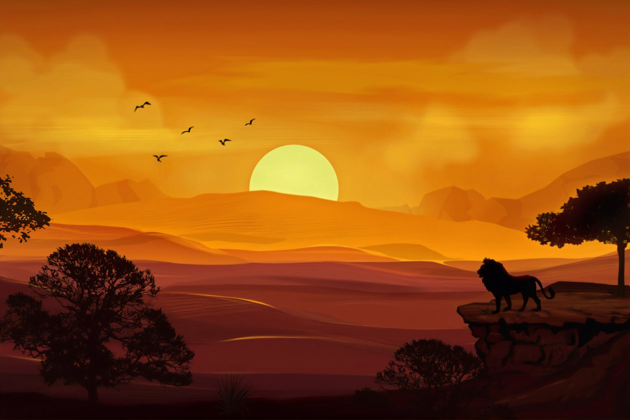 Forest Lion Morning Sunrise Illustration 4k