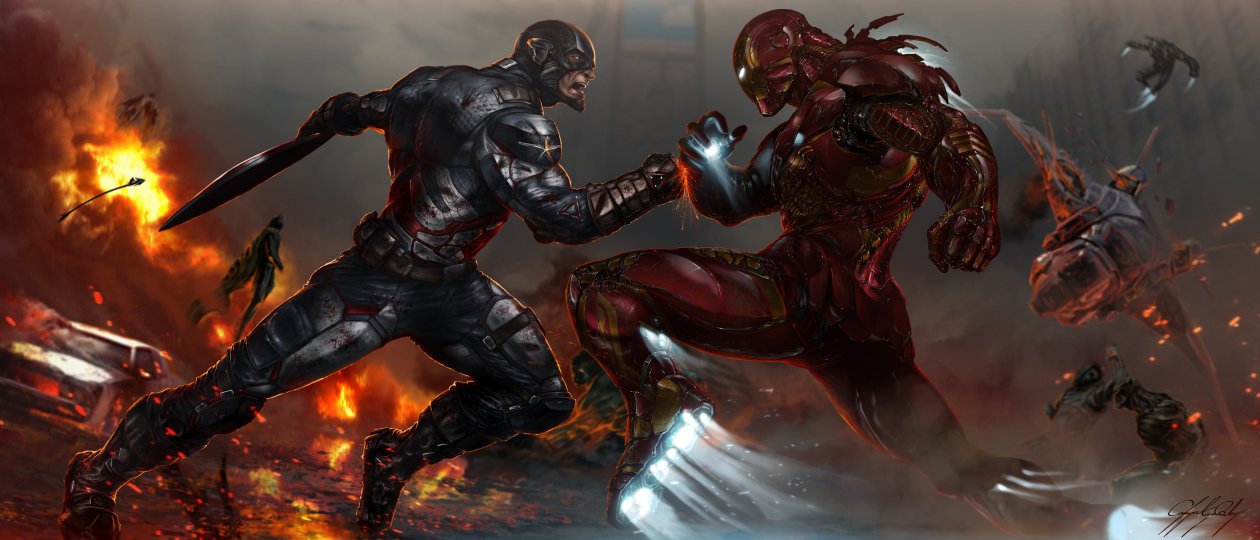 Captain America And Iron Man Fighting Artwork
