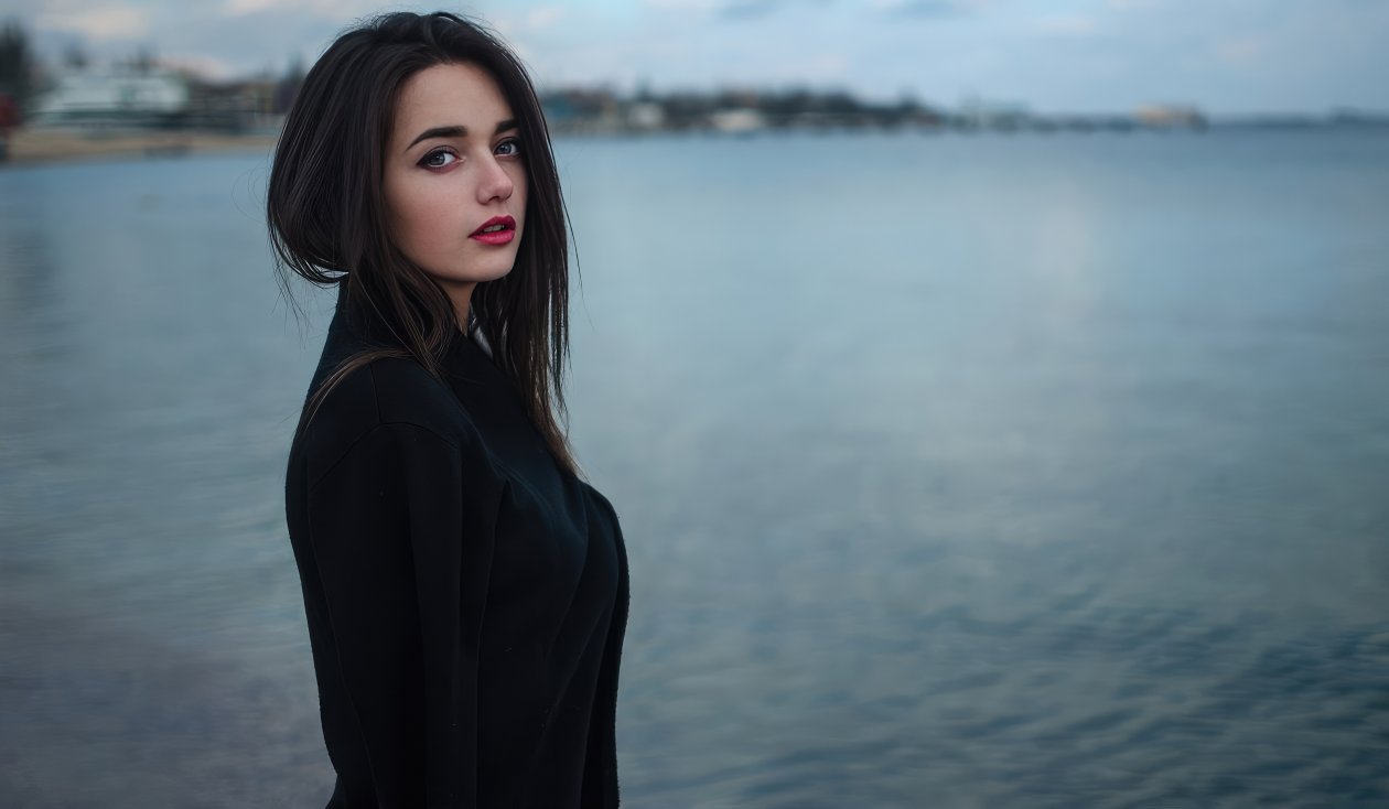 Cute Girl Black Hair Red Lips Outdoor Waterbody 4k