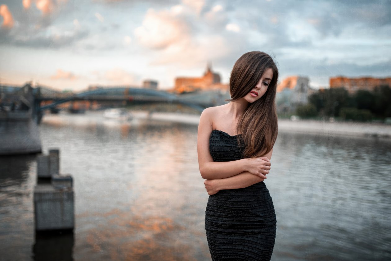Black Dress Half Face Covered With Hairs City Lake