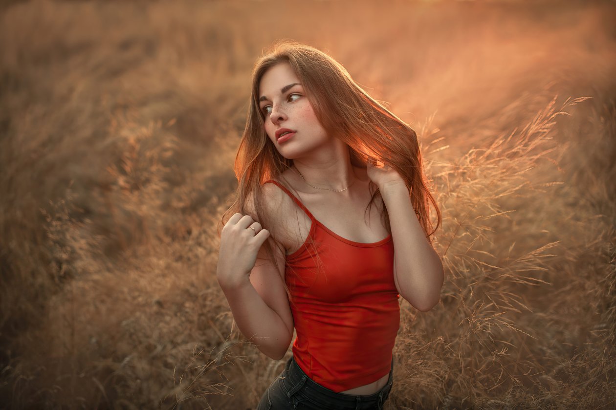 Girl Red Top Blonde Hair 4k