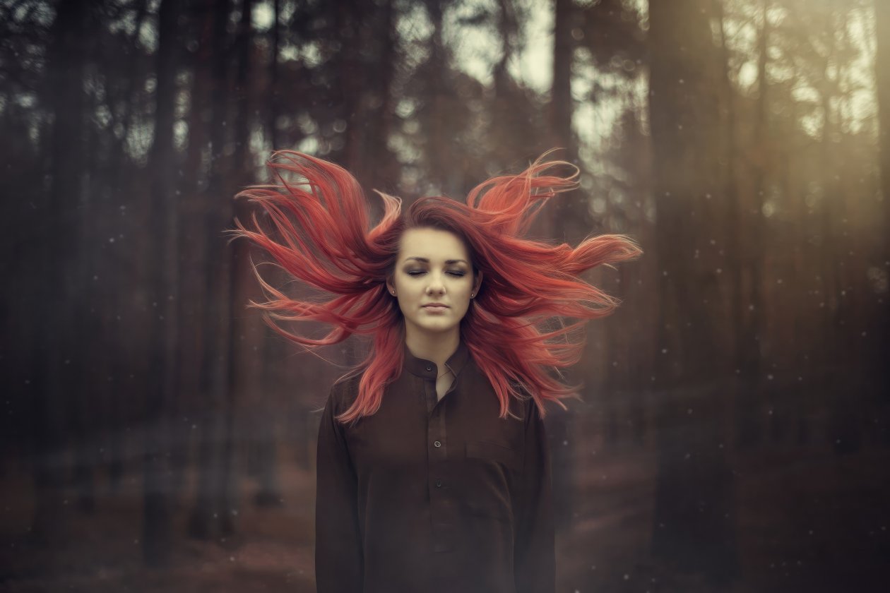 Red Dyed Hair Girl Flying Closed Eyes