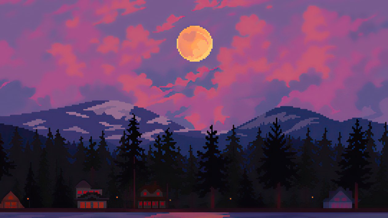 8 Bit Houses Trees Mountains Sun 4k