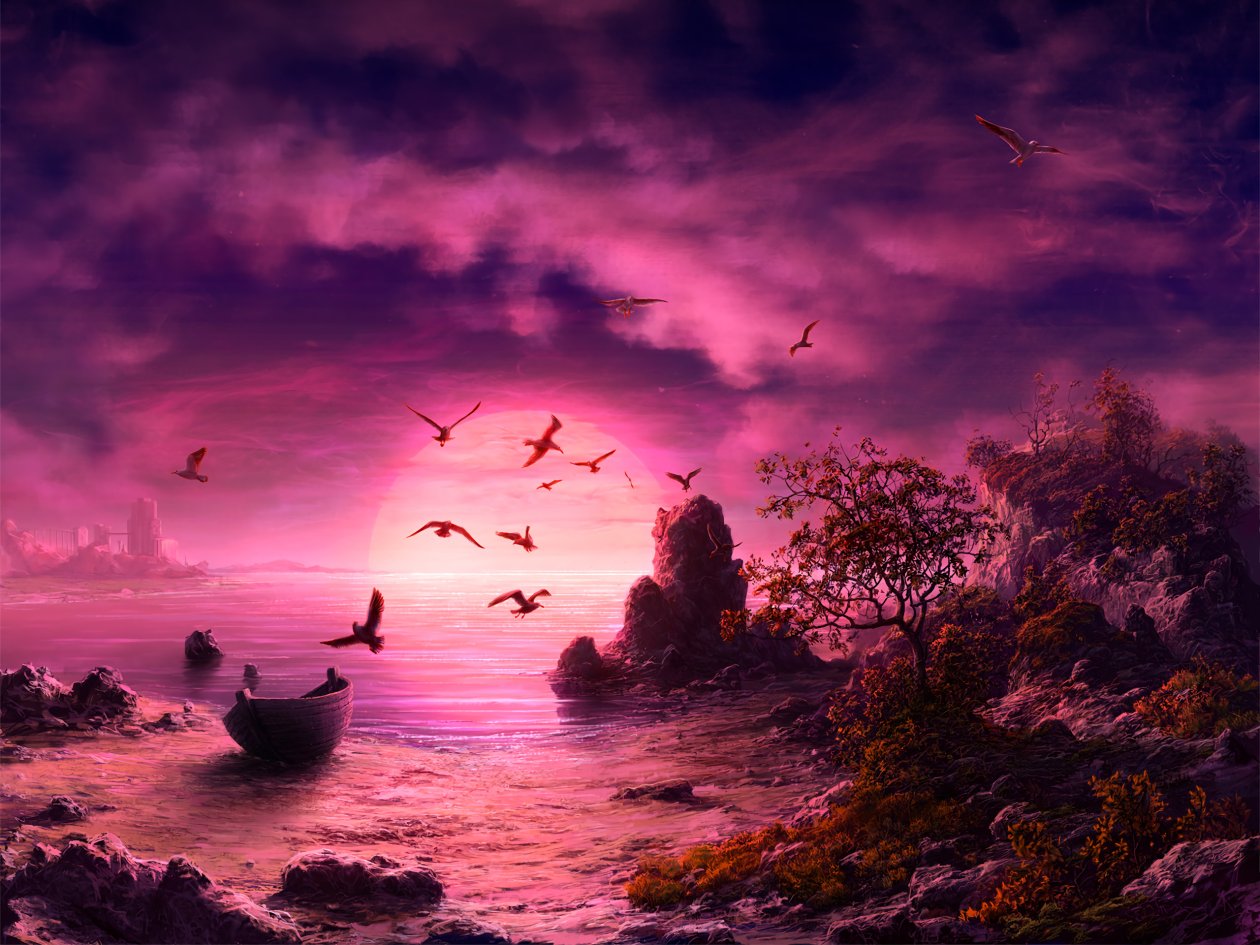 Seagull Birds Boat Landscape Purple Sunset