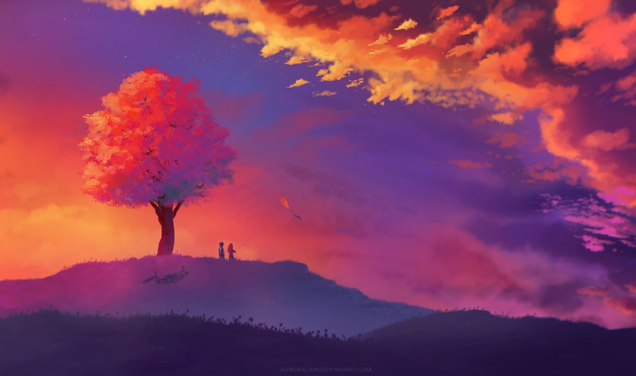 Kite Colorful Painting Sunset Tree