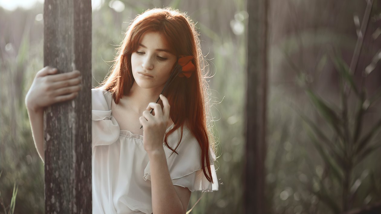 Girl Red Hair Rose In Hand 4k