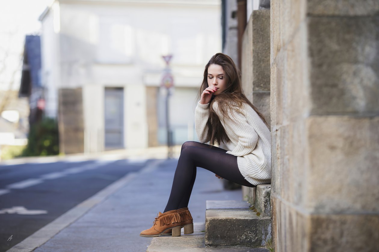 Girl Sitting Messy Hair Outdoor