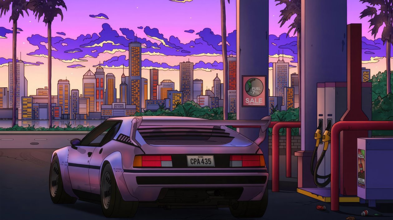 Retro Car Gas Station Synthwave 5k