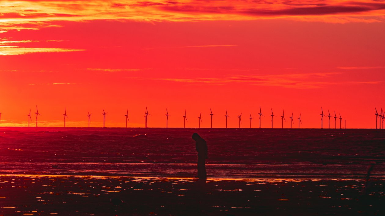 Silhouette Wind Turbines Sunset Horizon 5k
