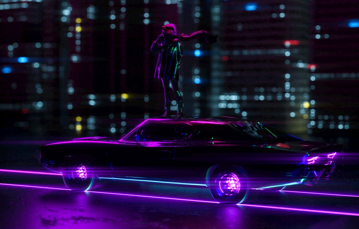 Girl Standing On Car Neon City