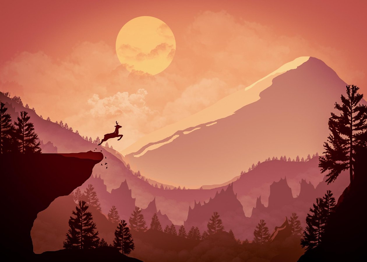 Deer Jumping Out From Mountain Minimalism