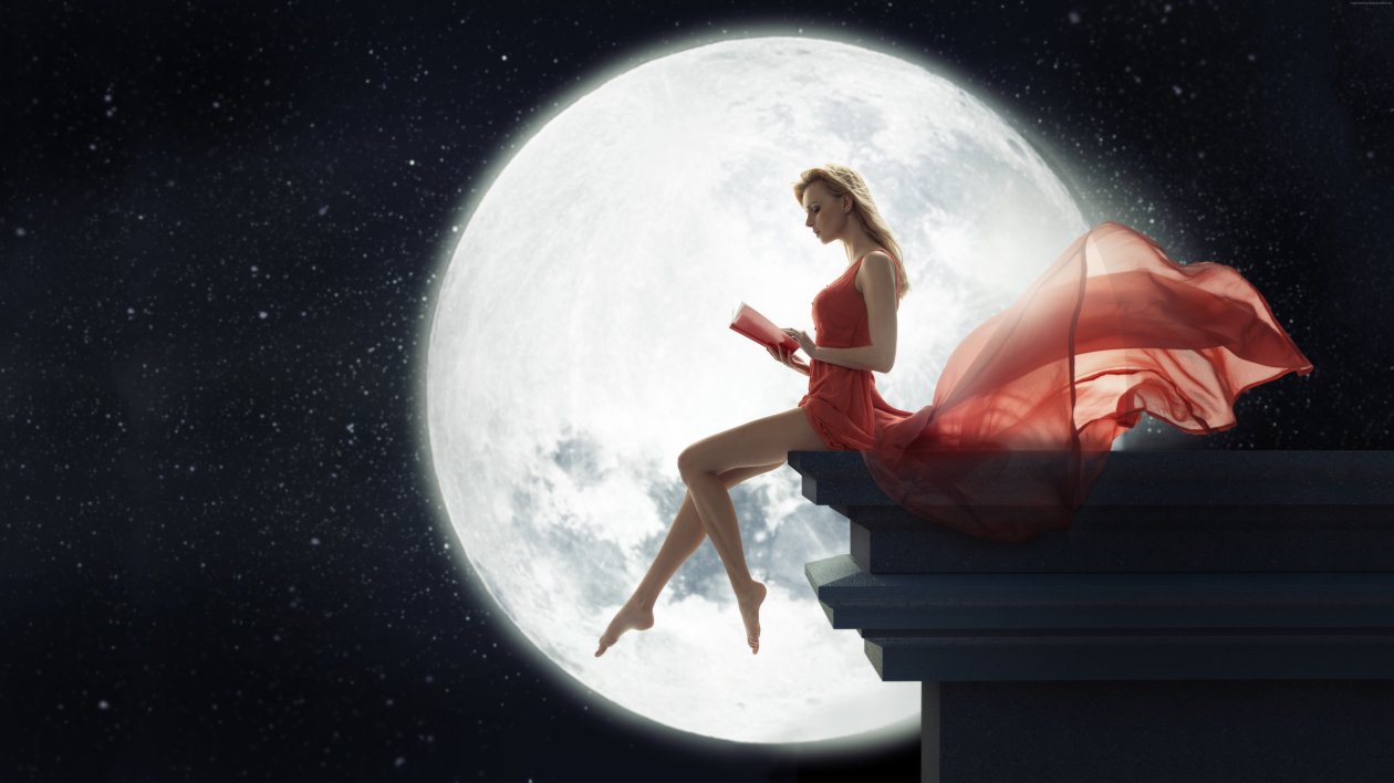 Fantasy Girl Sitting On Roof Reading Book Moon