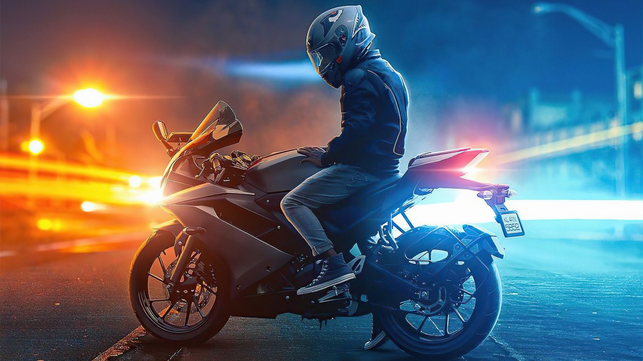 Biker On Road Lights 4k