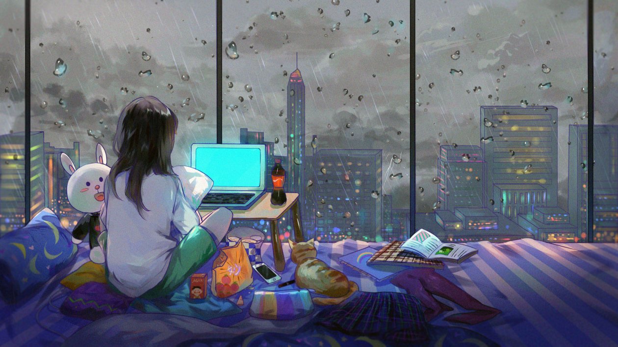 Anime Girl Room City Cat