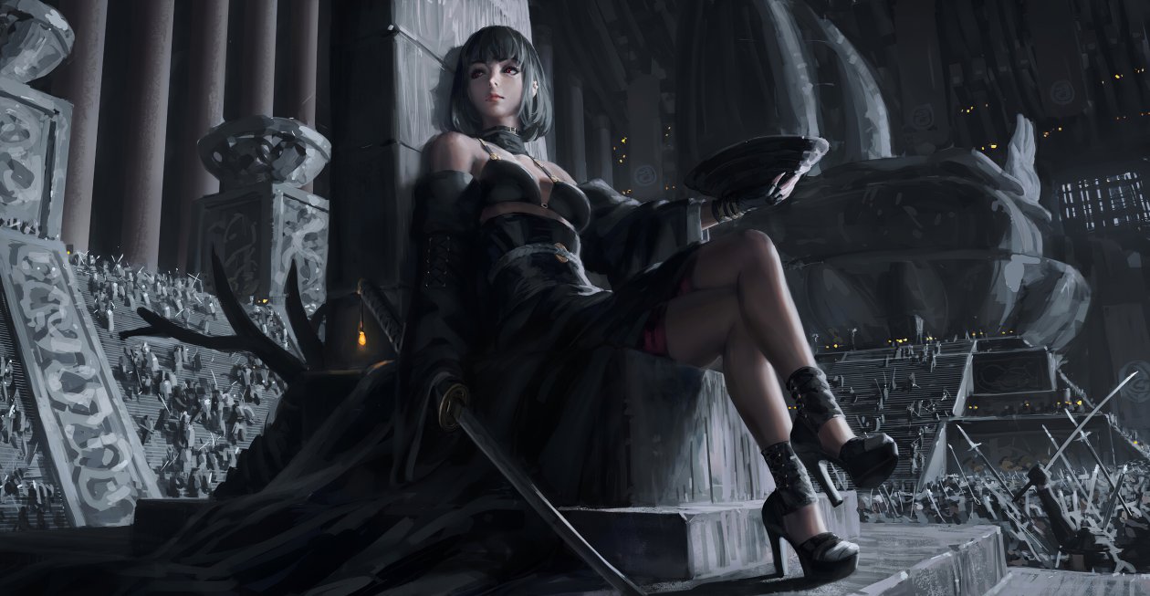 Black Dress Queen Sitting On Cemented Throne