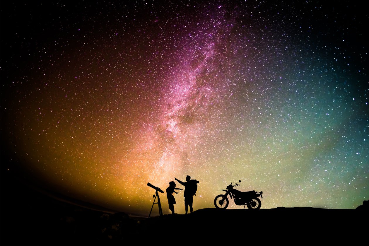 Couple Motorcylist Telescope Aurora Sky