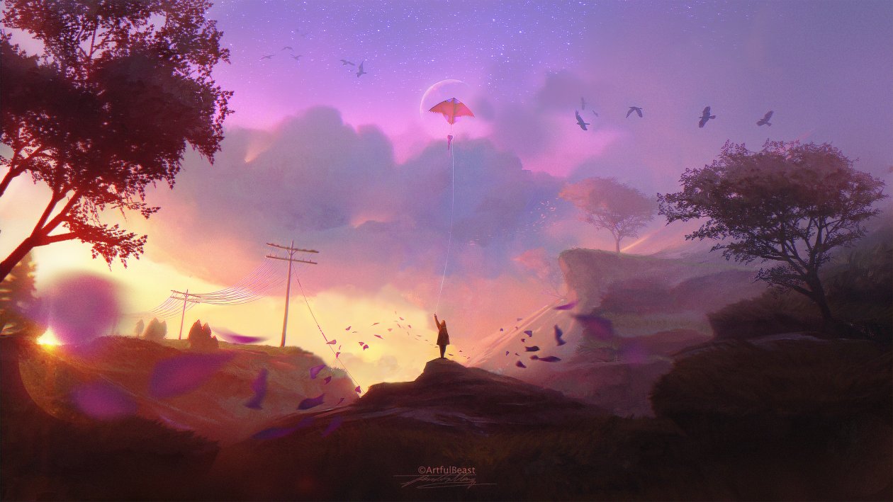 Child Flying Kite Fantasy Digital Art